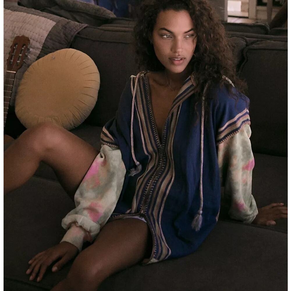 Free People Long Weekend Knit Mixed Hoodie Blue Size M/L